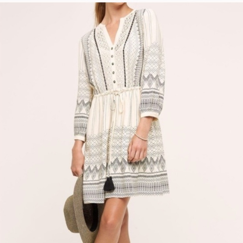Anthropologie Floreat Perrie Dress Boho Cream / Ivory 3/4 Sleeve Tassel Tie
